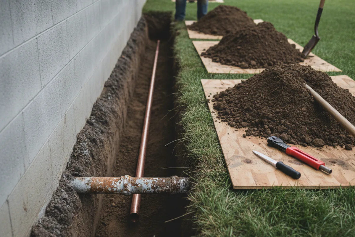 Excavated water line trench during Water Softener Installation in Alum Bank